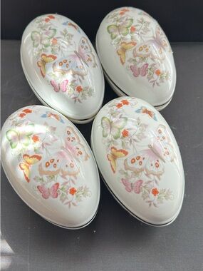 Avon White Porcelain Egg Trinket Boxes with Multicolor Butterfly Motif